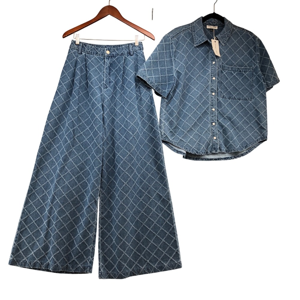 Tabby's Closets 2 Piece Set Womens Small Blue Quilted Diamond Denim Wide Leg NWT